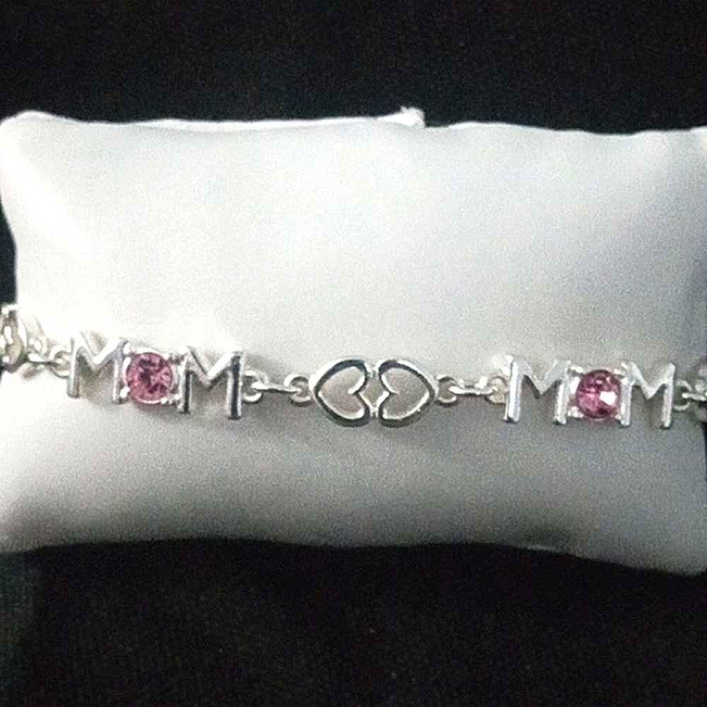 Beautiful Silver / Pink Stones Mom  Bracelet sz.7"/ Free Heart Earrings